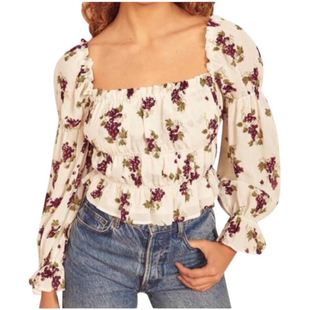 Reformation NWT Amarena Print Crop Top In Grapevine Size XS Smocked Long Sleeve